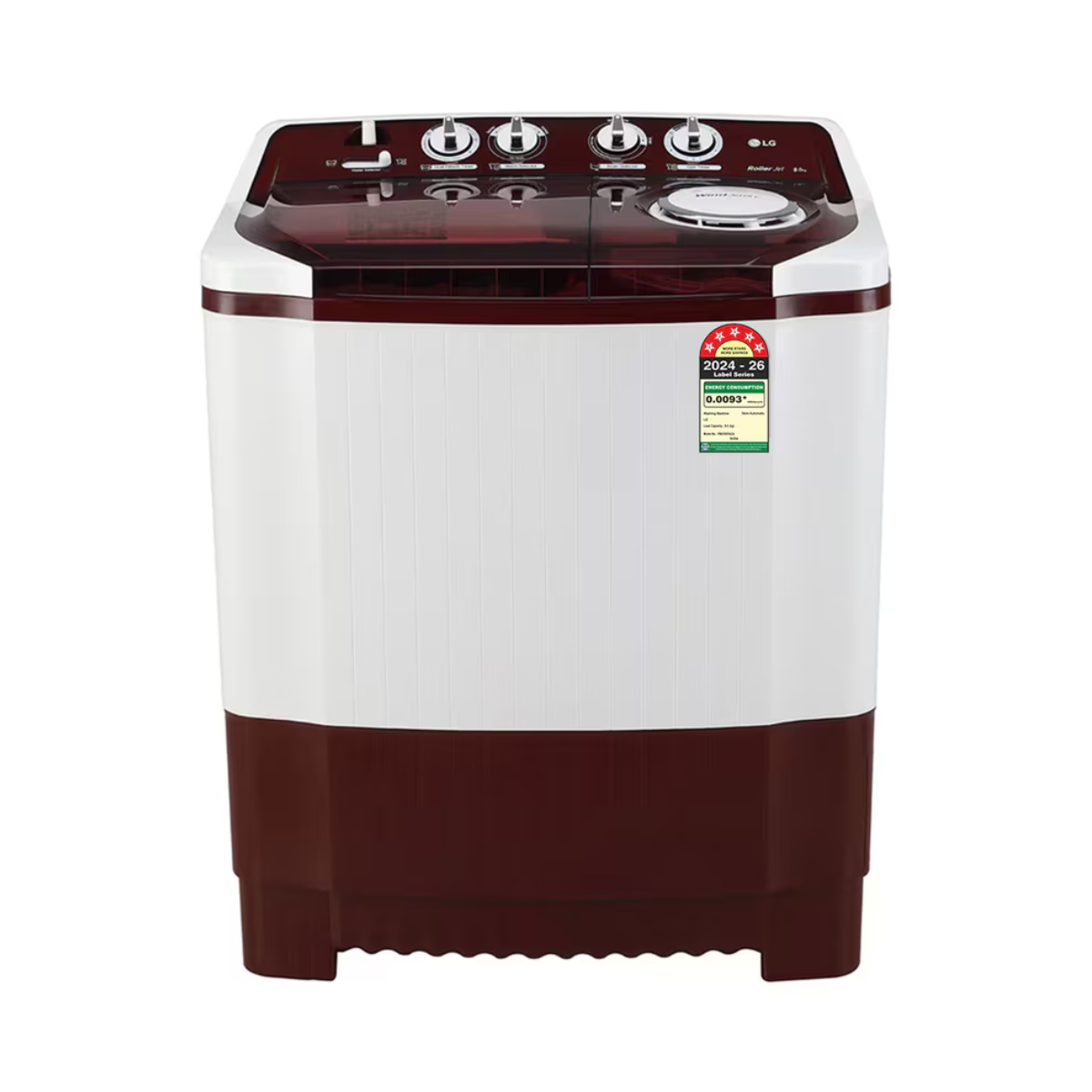 LG 8 kg 5 Star with Roller Jet Pulsator with Soak, Wind Jet Dry and Rat Away, 6 Kg (Spin Tub Capacity) Semi Automatic Top Load Maroon, White (P8035SRAZA.ABGQEIL)