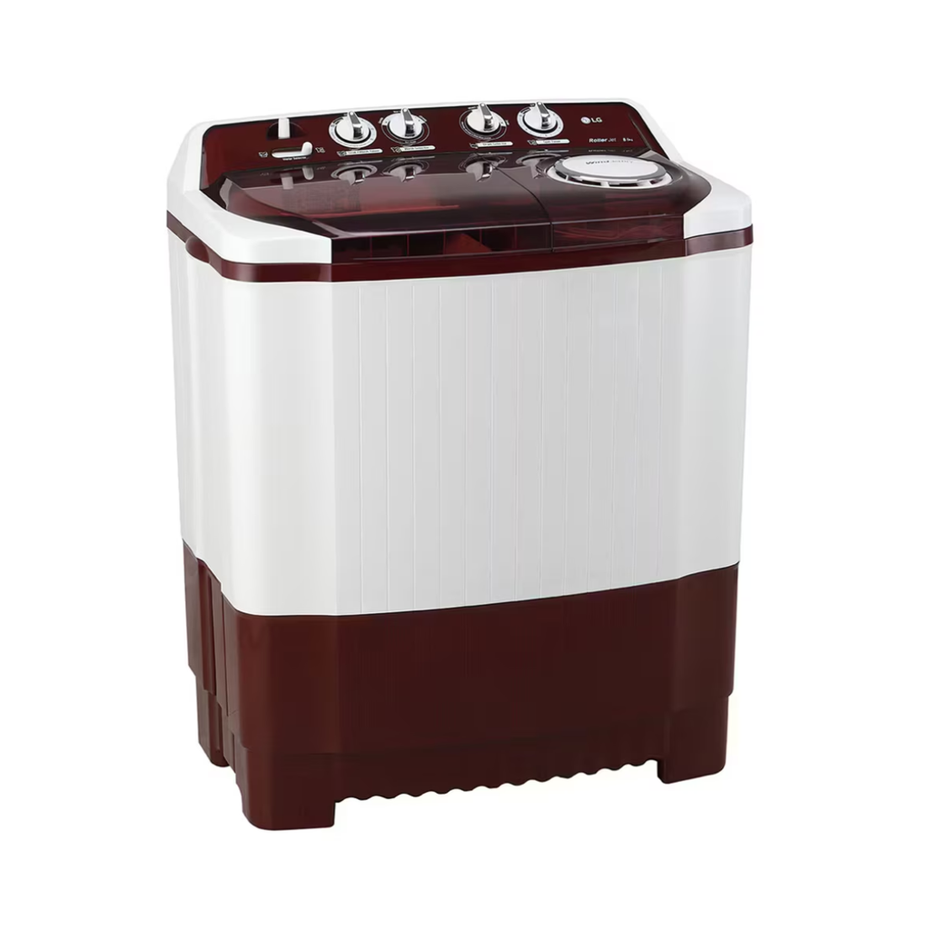 LG 8 kg 5 Star with Roller Jet Pulsator with Soak, Wind Jet Dry and Rat Away, 6 Kg (Spin Tub Capacity) Semi Automatic Top Load Maroon, White (P8035SRAZA.ABGQEIL)