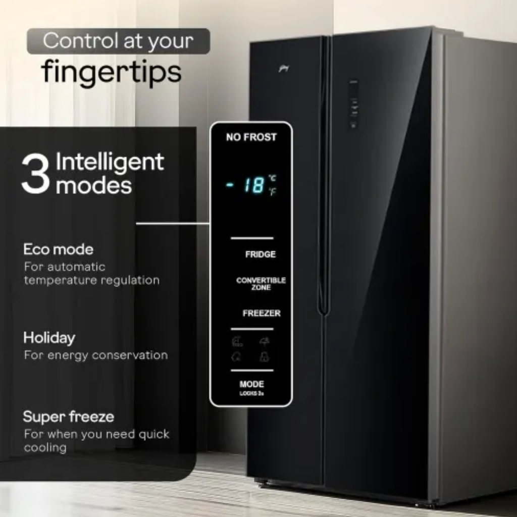 Godrej 600 Litres 3 Star Frost Free Side by Side Convertible Refrigerator with Powered By AI (RS EON VELVET 646C RIT, Opera Black)