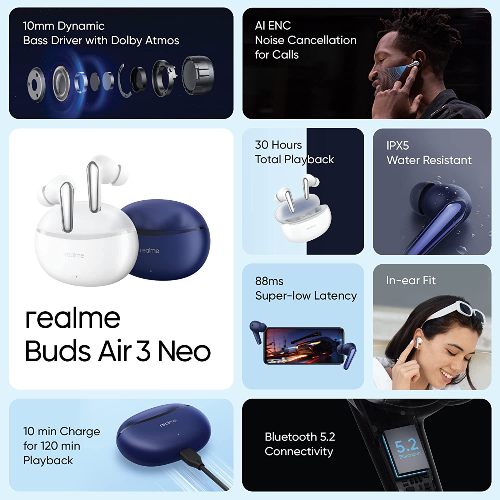 realme Buds Air 3 Neo True Wireless in-Ear Earbuds with Mic, 30 hrs  Playtime with Fast Charging and Dolby Atmos Support (Starry Blue) - Khosla  Electronics