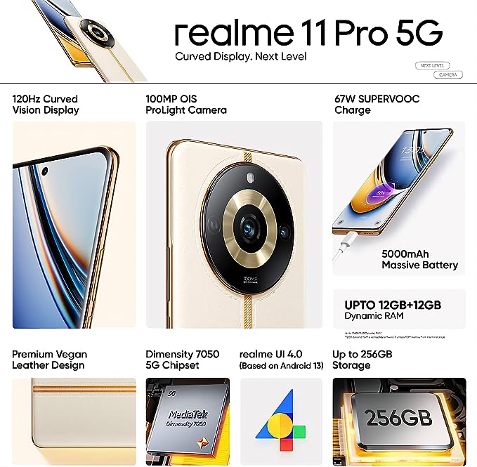 Realme 11 Pro 5G Smartphone, 8GB+256GB, MediaTek Dimensity 7050 5G, 6.7”  FHD+ 120Hz Curved Vision Display, 100MP OIS ProLight Dual Camera, 5000mAh  Massive Battery w/ 67W SuperVooc Charge